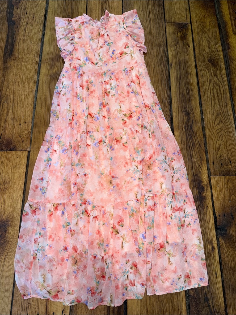 Entro Peach Pink/ Purple/ Teal Floral Ruffle Maxi Dress •Lined • Size Small